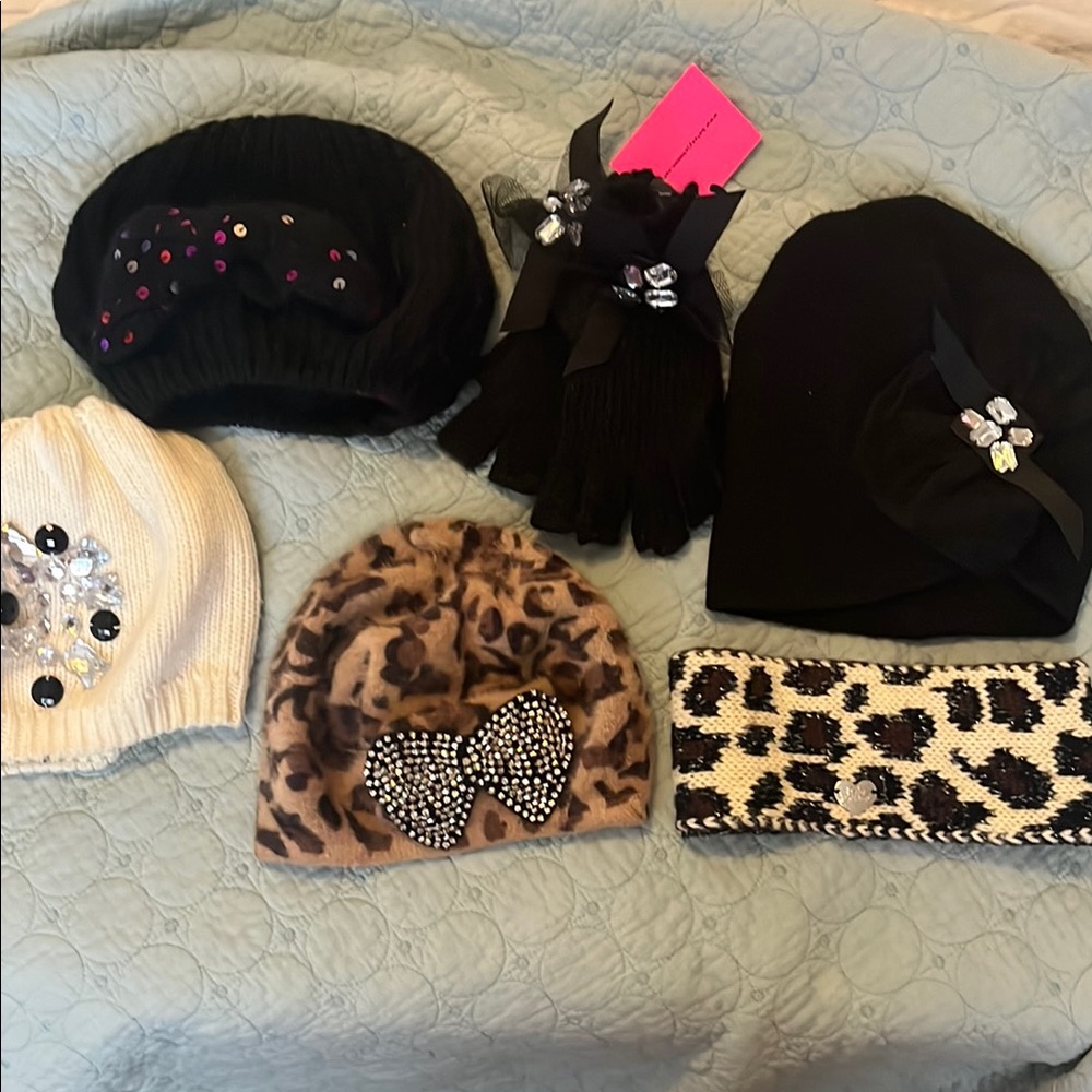 Betsey Johnson winter hats, headband, and gloves